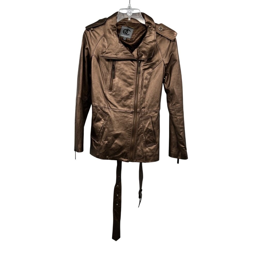 Queen Collection Leather Moto Jacket Belted Full Zip Metallic Brown Size Small